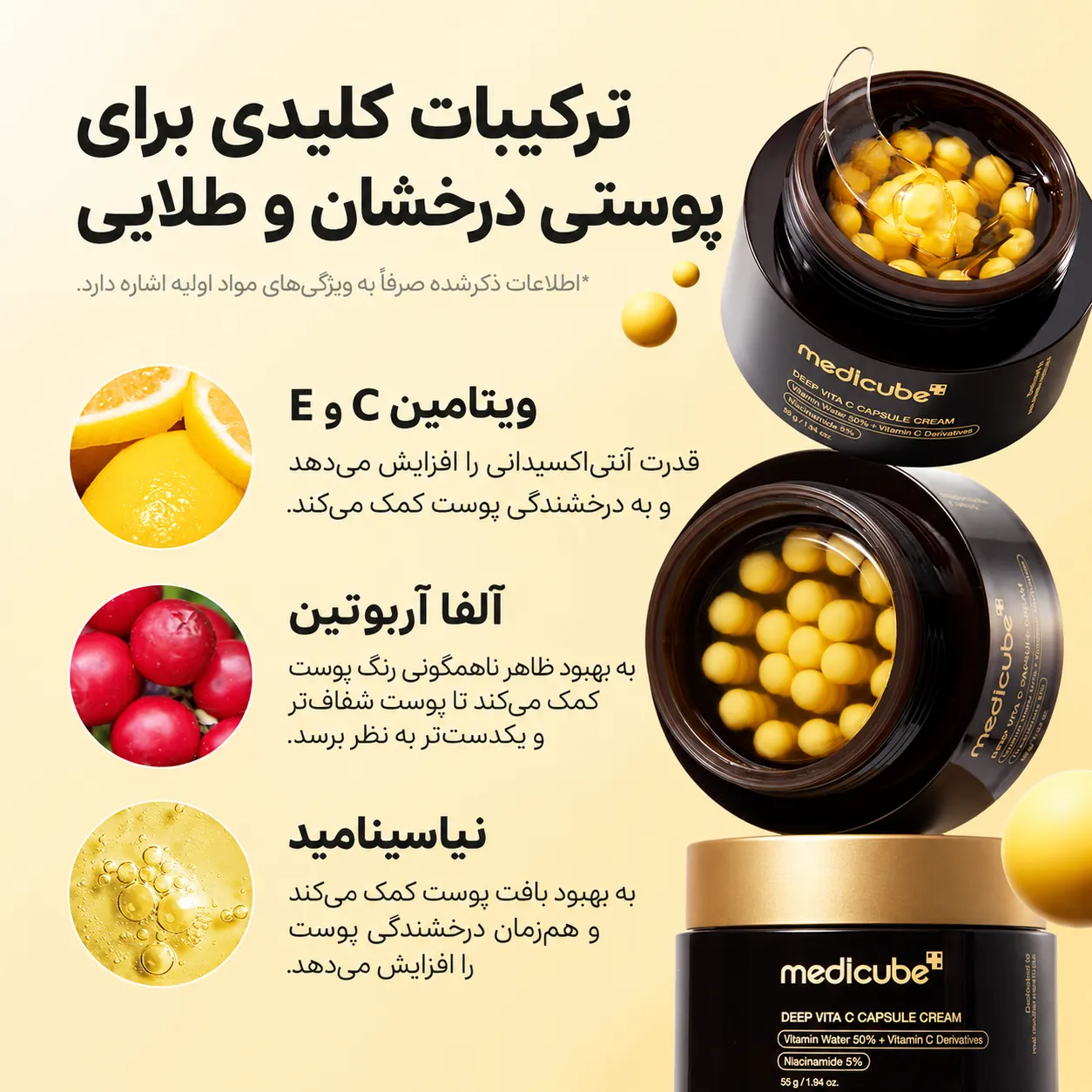 اینفوگرافیک کرم کپسولی مدیکیوب DEEP VITA C با دو نمای باز از ظرف، کپسول‌های زرد و بسته‌بندی محصول در پایین تصویر